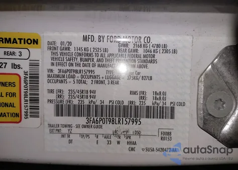 2020 Ford Fusion Se из США, поврежденный, VIN 3FA6P0T98LR157995